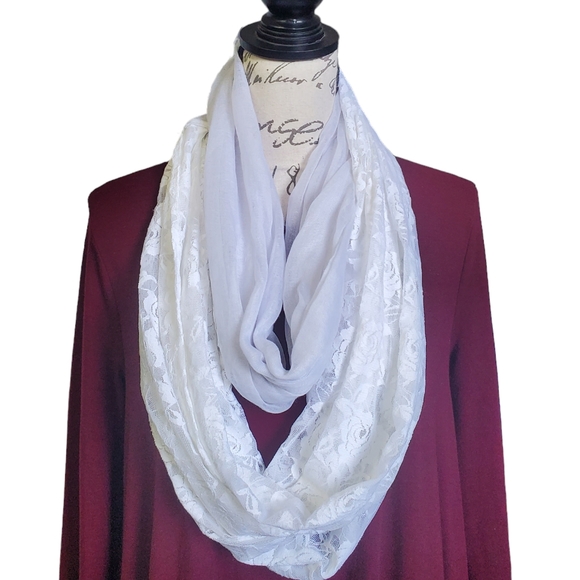 Women's Infinity Scarf White Floral Lace Lightweight All Season Scarf - Picture 4 of 12